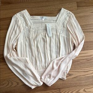 Francesca's Collections Cream Smocked Pleated Blouse